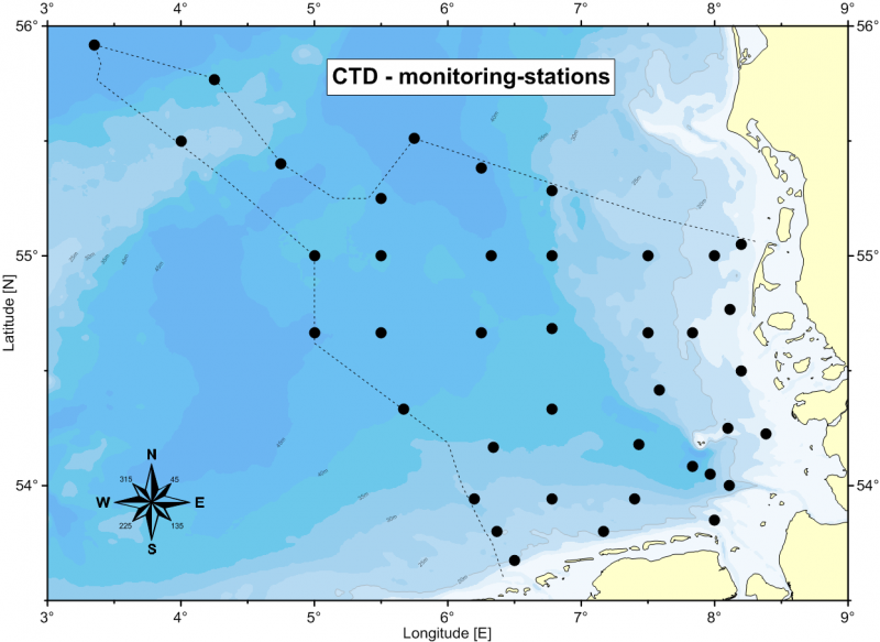 Stationsnetz des saisonales BSH-Monitorings der hydrographischen Basisparameter in der deutschen AWZ der Nordsee